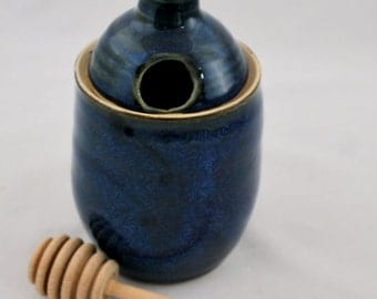 Cobalt Blue Ceramic Honey Pot Wheel Thrown Stoneware Clay Pottery