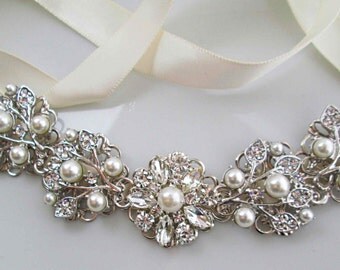 Sale Wedding headband Bridal Hair Silver wedding hair Vine crystal bridal hair pearl headband ribbon ivory pearl headpiece crystal Bridal