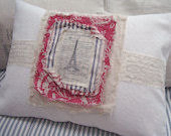 PaRiS French/ReD Down Pillow /Decorative/Lumbar Accent/Toile /Cottage /Shabby Chic/White Denim/Beach Decor/Throw Pillow