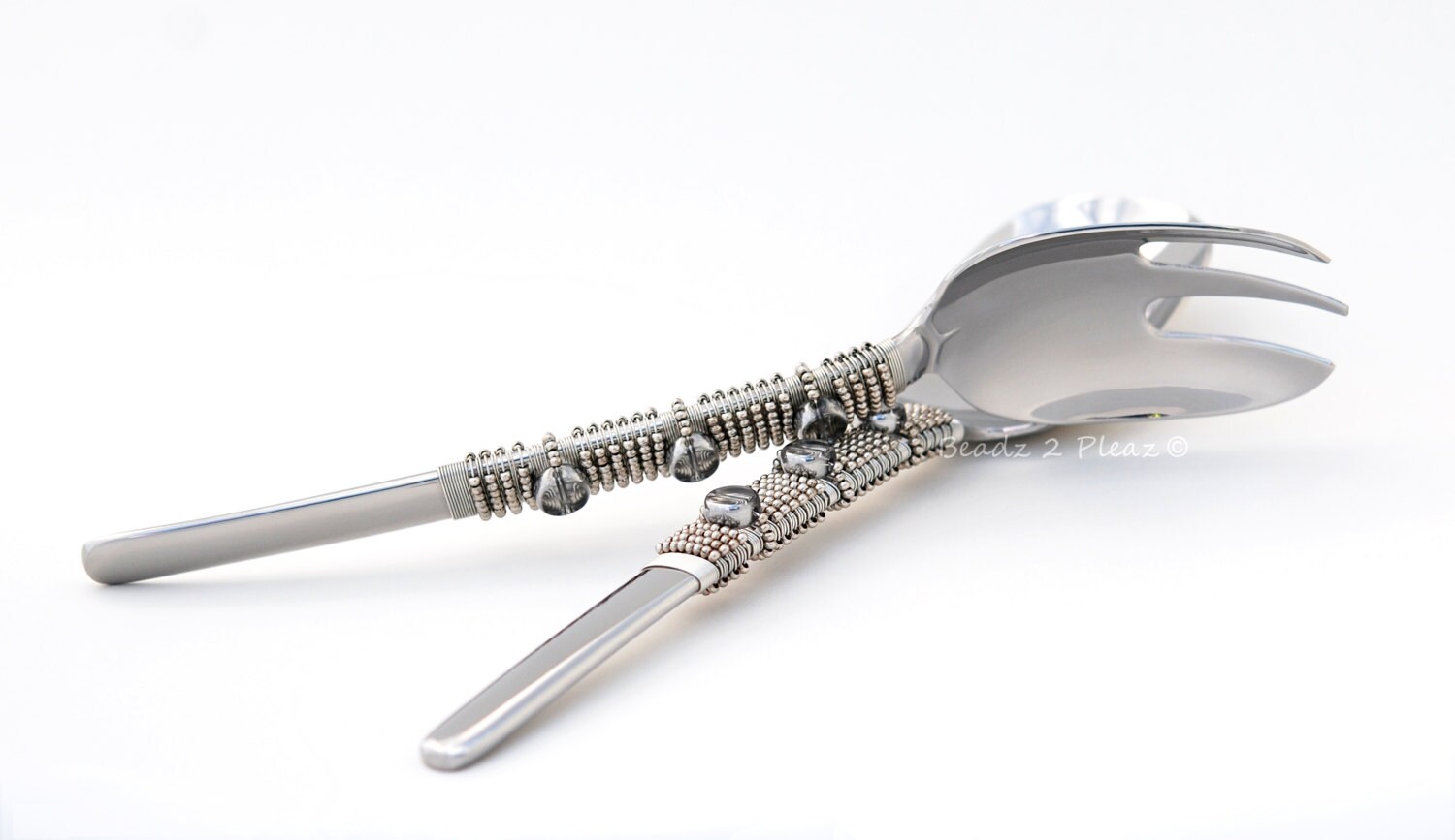 Salad Serving Set Silver Salad Server Stainless Steel Beaded