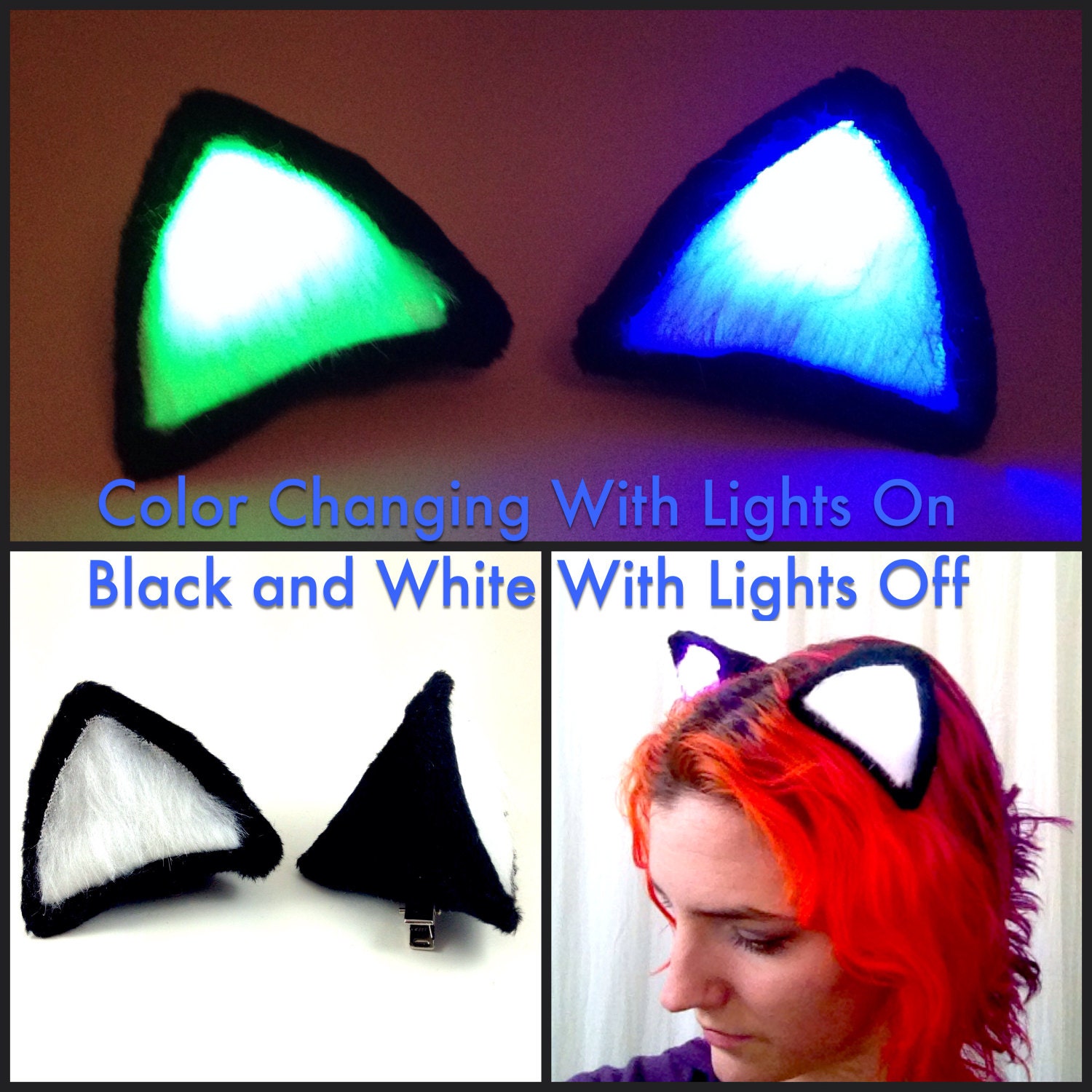 Glowing Multicolor Clip On Costume Cat Ears COLOR CHANGING