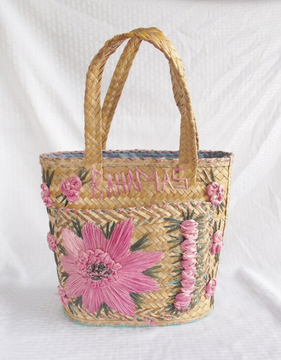 1960's Vintage Straw Bahamas Beach Tote Bag Purse