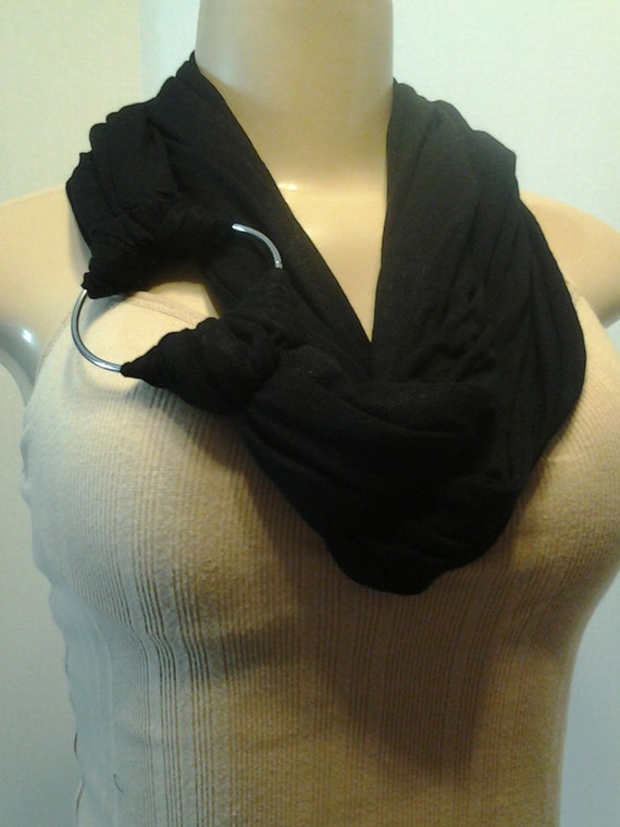 Beautiful Jet Black Necklace Fashion Cowl Scarf with Beautiful Large Silver Ring, Women Scarf, Ladies Scarf, String Scarf