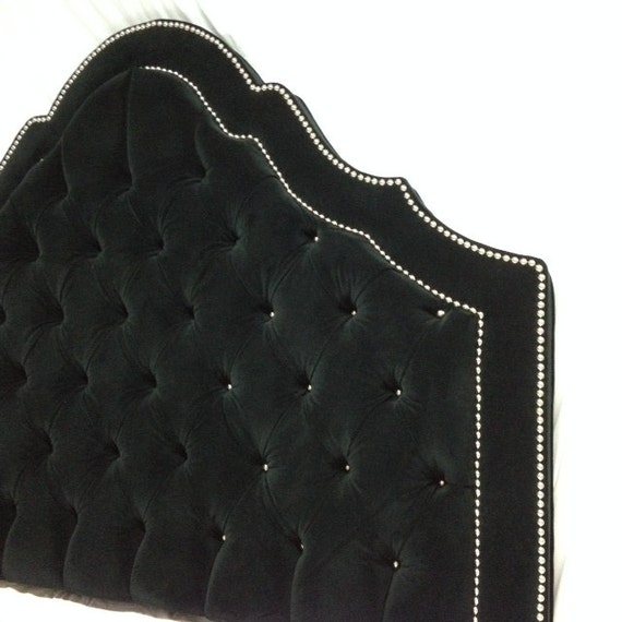 Black Velvet Tufted Headboard with Double Row of Nailheads