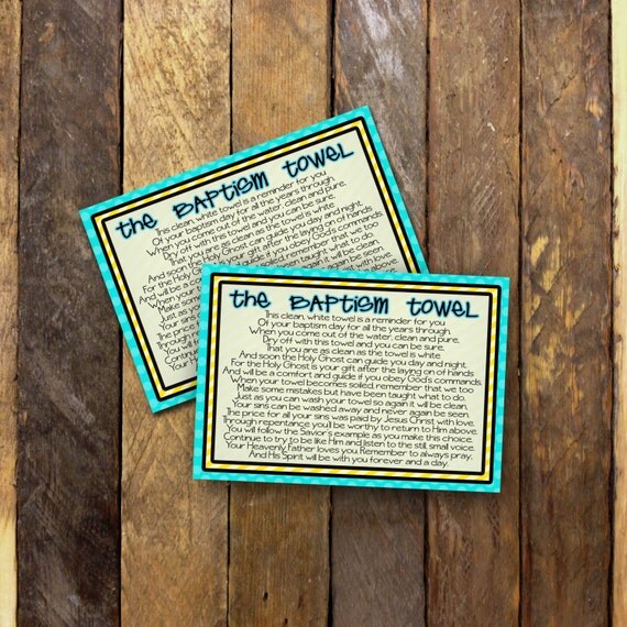 LDS Baptism Towel Poem Cards 4 3.5x5 Cards Instant