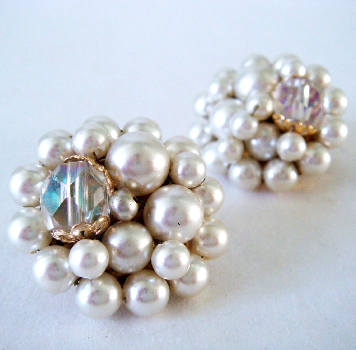 Vintage White Earrings 60s Faux Pearl Cluster Bead Clip