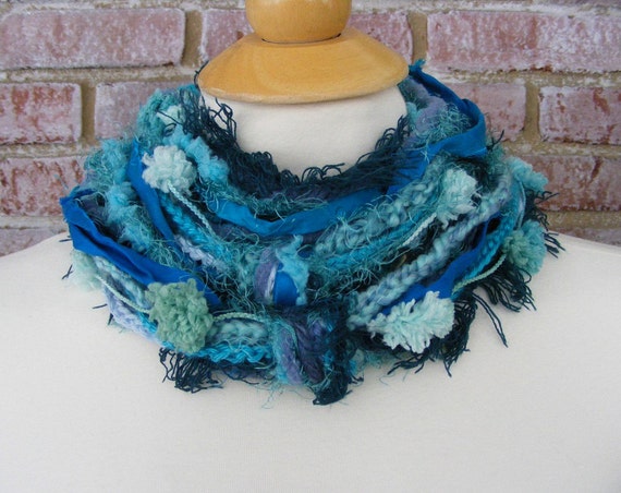 Long Skinny Layered Knotted Fuzzy Blue Teal Aqua by meiguidesigns