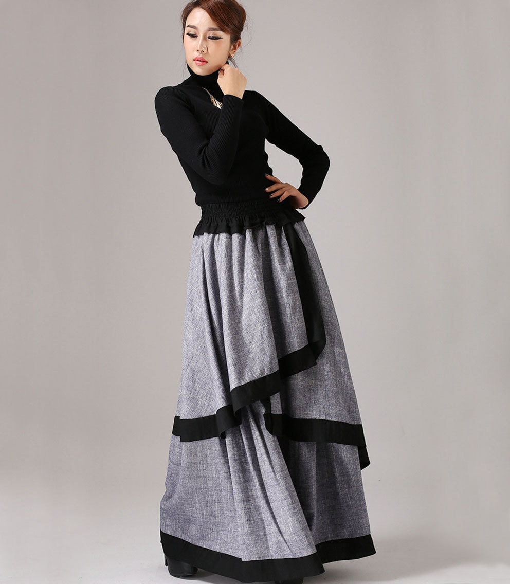 linen skirt tiered tiered skirt Gray skirt long skirt