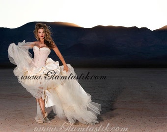 Custom Size Peach and ivory Burlesque Corset wedding prom dress with train