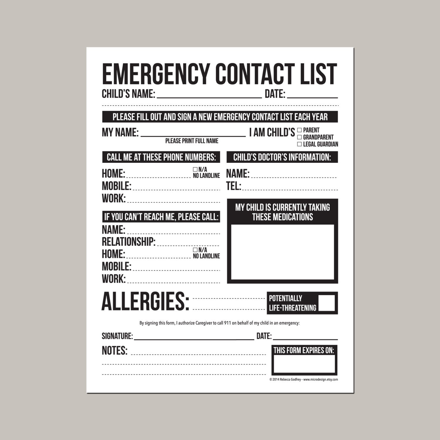 Emergency Contact Form for Nanny Babysitter or Daycare