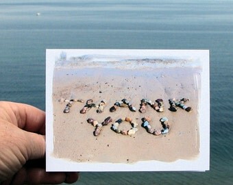 Beach Theme Thank You Cards, Set of 4 Note Cards- words of thanks spelled out with beach stones, beach wedding thank you, summer, beach card