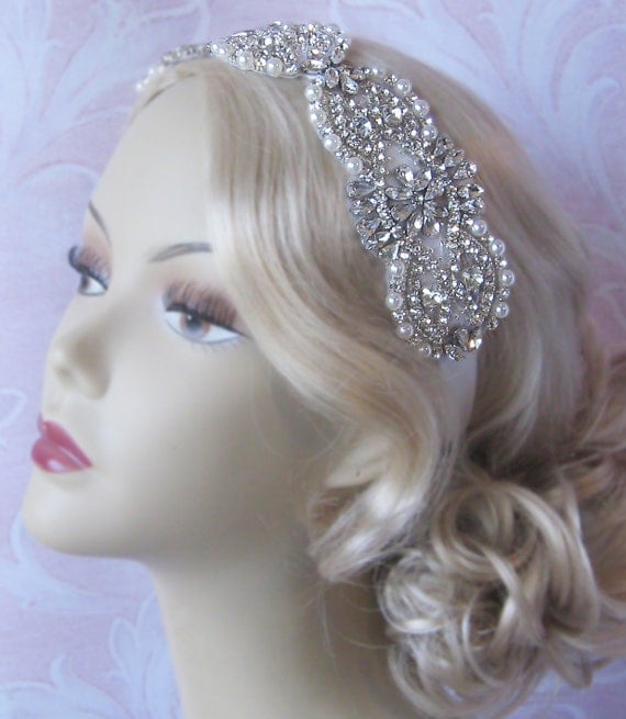 Crystal and Pearl Bridal Headband, Rhinestone Wedding Head Piece, Rhinestone and Pearl Headband - AMELIE HEADBAND
