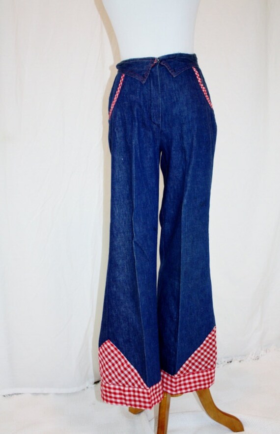 1960s Bell Bottoms Pants Denim Red White Check HIgh Waist