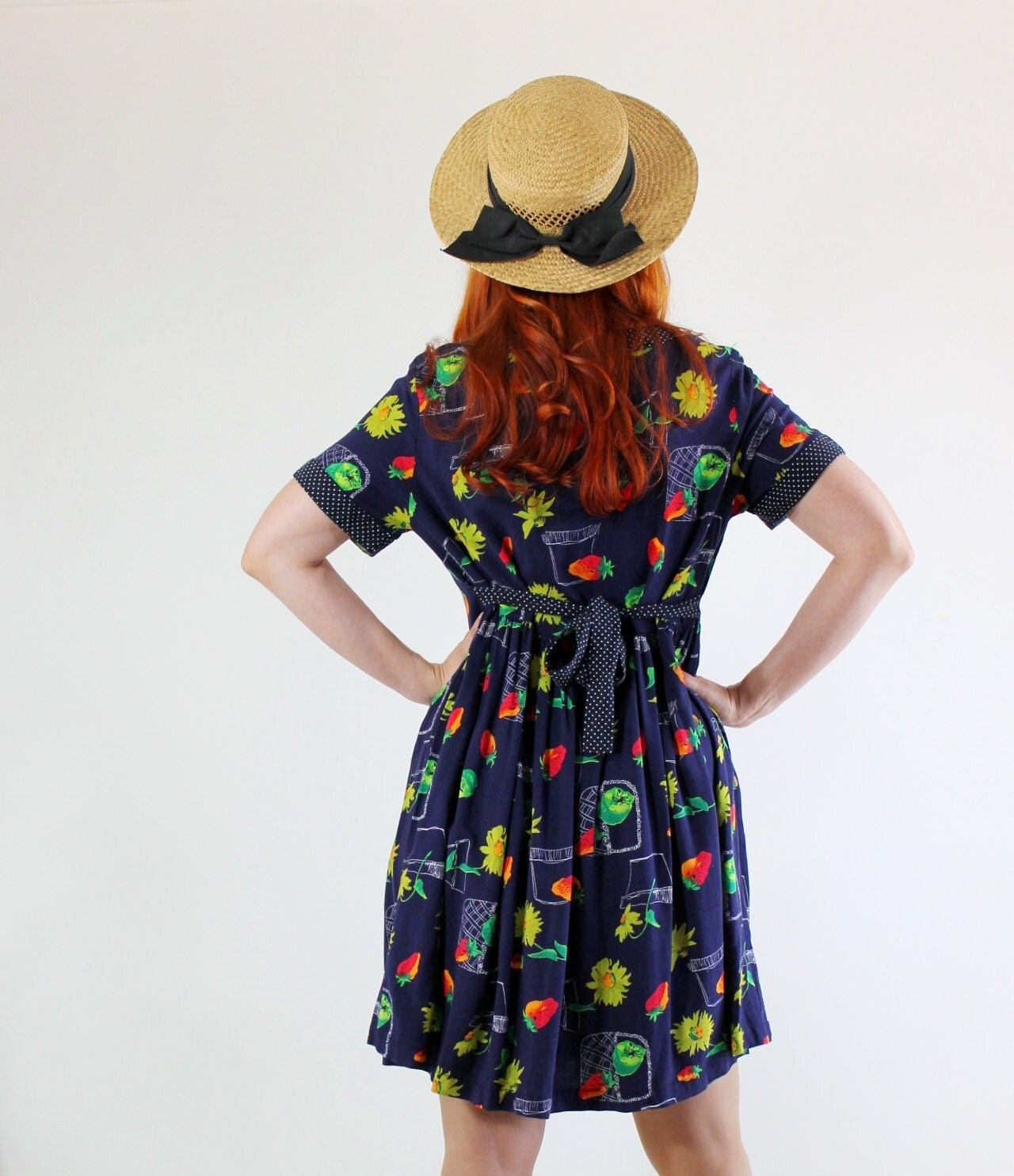 Vintage 1980s Floral Strawberries Print Blue Dress. Day Dress. Folk. Country. Spring. Summer