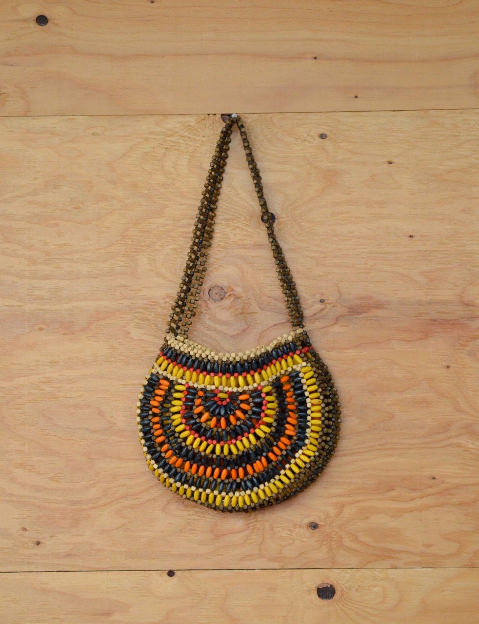 Vintage 70's Purse Boho Hippie Rainbow Wood Beaded Handbag