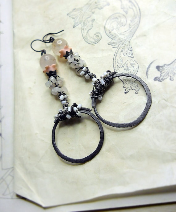 Rustic Beaded Earrings - Stick & Hoop - Rose Quartz in Pink Petals, Glass Beaded Steel Wire Wrapping on Hammered Hoops