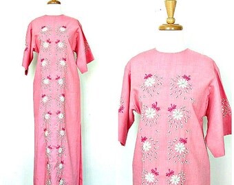 Vintage Maxi Dress - 60s dress - embroidered - hippie wedding dress - Bia - pink summer dress - small medium