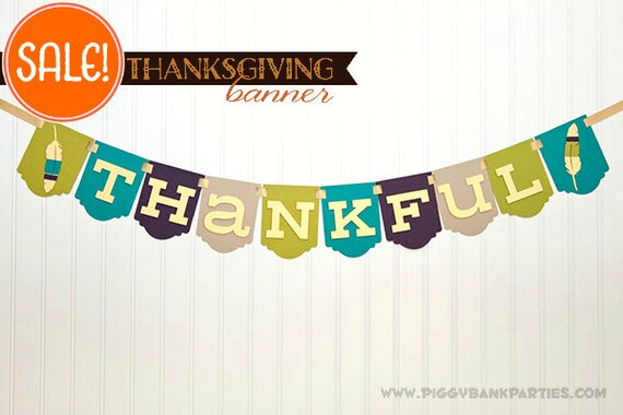 THANKFUL Banner : Modern Mix Thanksgiving Banner // Turkey Day Sign // Holiday Decoration with Feathers & Art Deco Panel // SAMPLE SALE Il_570xn