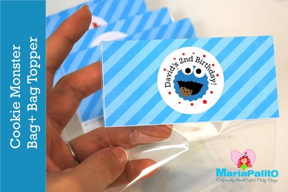 Cookie Monster Treat Bags, Cookie Monster Goodie bags ready for your party, Personalized Bag Toppers A1047 Il_570xn