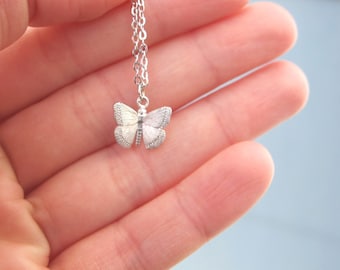 Tiny Butterfly Necklace, Butterfly Silver Necklace, Small Textured Butterfly Grey, Gift for Girls, Grand Daughter Necklace