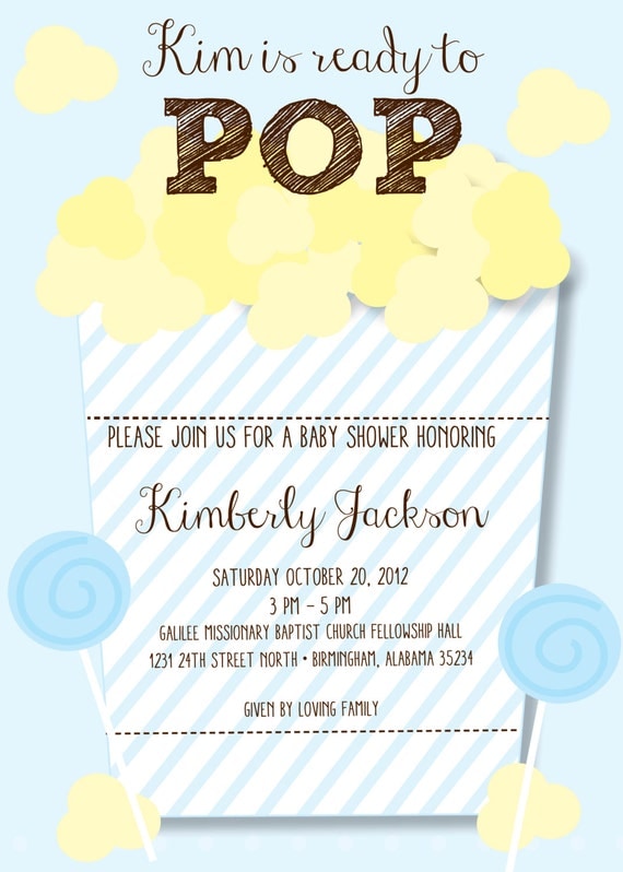 Blue Ready to Pop Popcorn Baby Shower Invitation