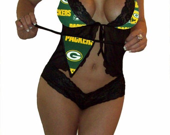 NFL Lingerie Green Bay Packers Sexy Cami Top and Lace Booty Shorts Set Plus FREE Matching G-String Thong Panty