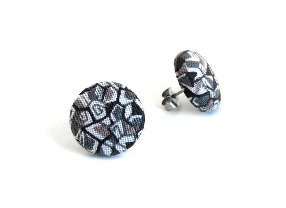 Black earrings  black button earrings  black fabric by KooKooCraft