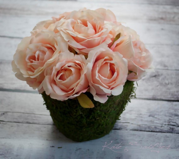 Blush Pink Rose Centerpiece Pink Rose and Moss Wedding
