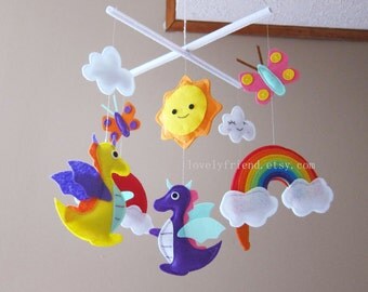 Dragon Baby Mobile - Nursery Mobile - Rainbow Crib Baby Mobile - "purple dragon and rainbow " Mobile (Custom Color Available)