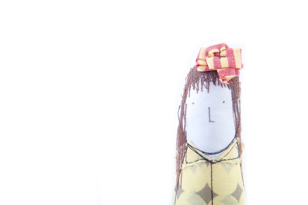 Soft sculpture - Long brown hair woman fabric eco doll ,wearing yellow retro dotted dress . handmade art doll