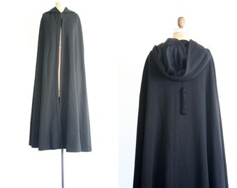 vintage hooded cloak - black wool cape / Halloween costume - witch ...