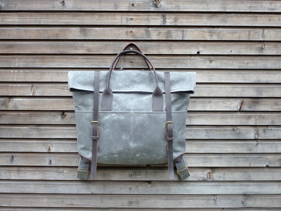 Waxed canvas backpack / utility bag with leather by treesizeverse