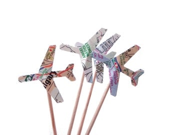 Map Atlas Airplane Cupcake Toppers, Airplane Birthday Party Decorations - No421