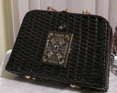 Black Basket purse, Elegant vintage wicker handbag with mother of pearl cigarette case, Glam Accessory, Layaway Plans