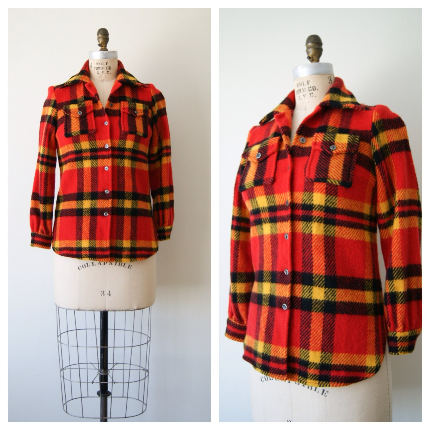 Plaid Wool Shirt. Women's Red Wool Top. by NewOldFashionVintage