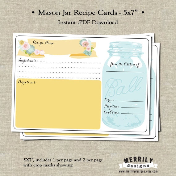 Mason Jar Recipe Cards Bridal Shower Printable by MERRILYDESIGNS
