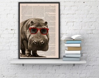 Summer Sale Cool Hippo with Sunglasses Home decor THEE HIPPO Animal art printed on Vintage Book sheet Nursery wall art ANI013