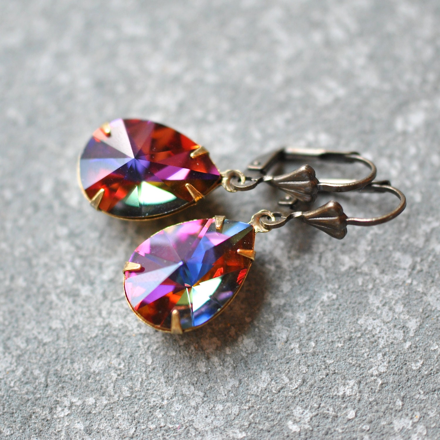 Rainbow Earrings Swarovski Crystal Vintage Dark Rainbow