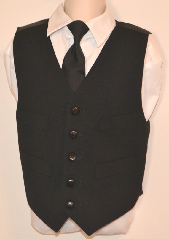 Boys Vest & necktie, black wool vest, 100% acetate lined, black clip tie, 4 welt vest, formal wear, leather buttons, handmade, USA