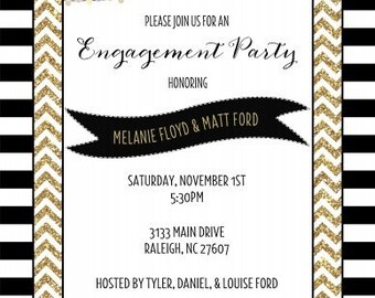Chevron Gold Striped Engagement Party Invitations