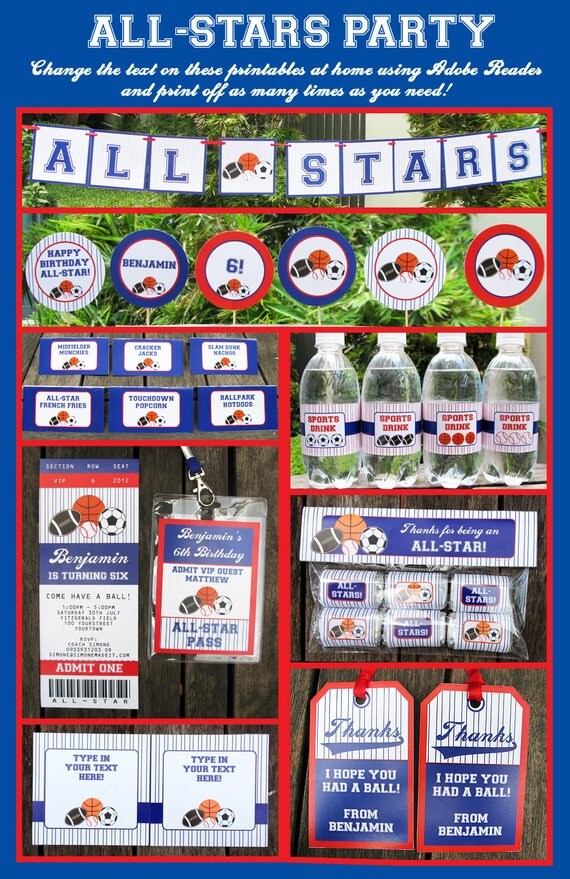 All Star Sports Party - INSTANT DOWNLOAD full Printable Birthday Collection + Invitation - EDITABLE text you personalize with Adobe Reader Il_570xn