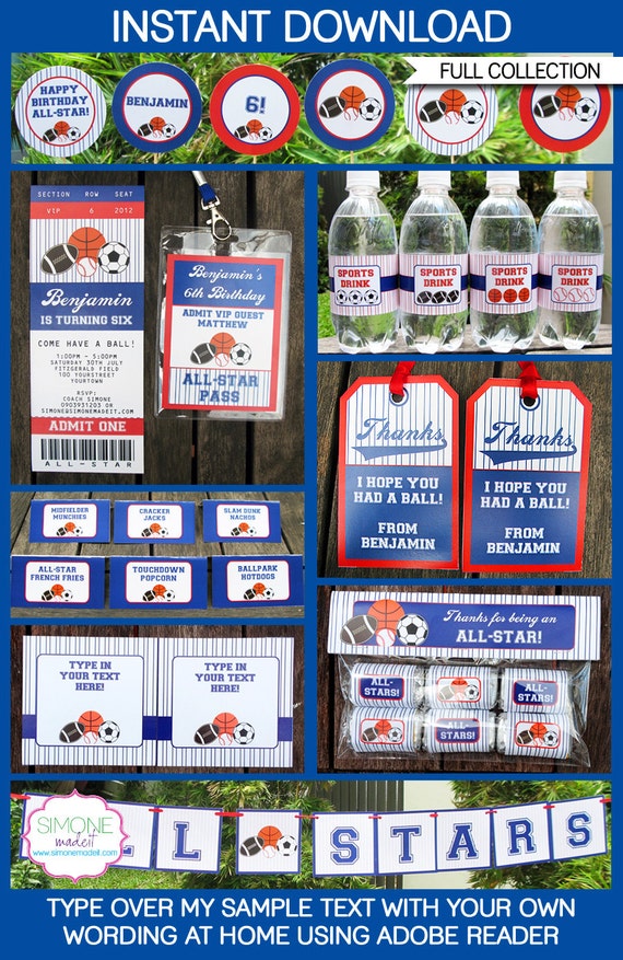 All Star Sports Party - INSTANT DOWNLOAD full Printable Birthday Collection + Invitation - EDITABLE text you personalize with Adobe Reader Il_570xn