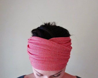 STRIPED Head Scarf - Red and White Cotton Hair Wrap - Jersey Activewear Hair Accessories - Extra Wide Yoga Headband - Workout Accessory