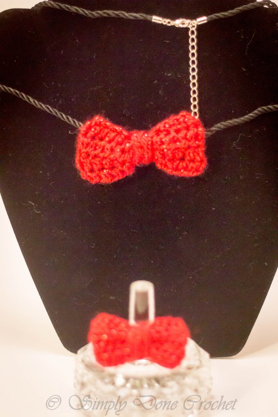 Handmade Crocheted Red Bow Necklace