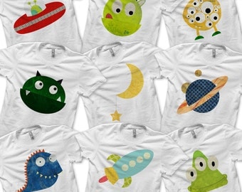Space Bundle Pack - Iron on Monster Shirt Digital / Boys Outer Space Birthday Party / Kids Alien Shirt / Baby Monster Clothes / Printable -D