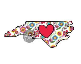 Floral North Carolina Decal - Colorful Flower NC Bumper Sticker Red Heart Cute State Laptop Decal Pink Green Yellow Blue