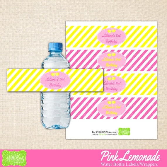 Pink Lemonade Water Bottle Labels, Printabe Water Bottle Labels, DIY Bottle Wraps, Lemonade Party Printables Il_570xn