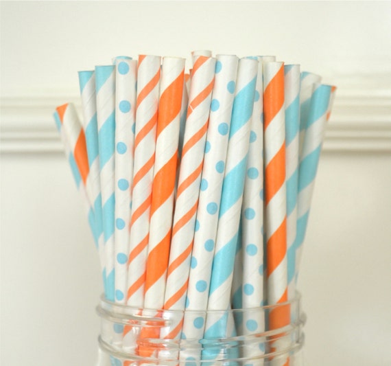 Rubber Duck Paper Straws, Light Blue & Orange, Stripes and Dots, Drinking Straws, Cake Pops Il_570xn