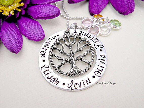 Hand Stamped Jewelry Personalized Jewelry Family Tree of Life - Personalized Handstamped Keepsake Mother Grandma Necklace