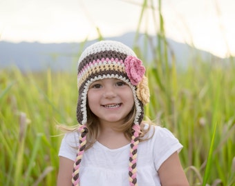 toddler girls hat, baby hat, girls hat, crochet girls hat, earflap hat, girls hat, hat with flowers